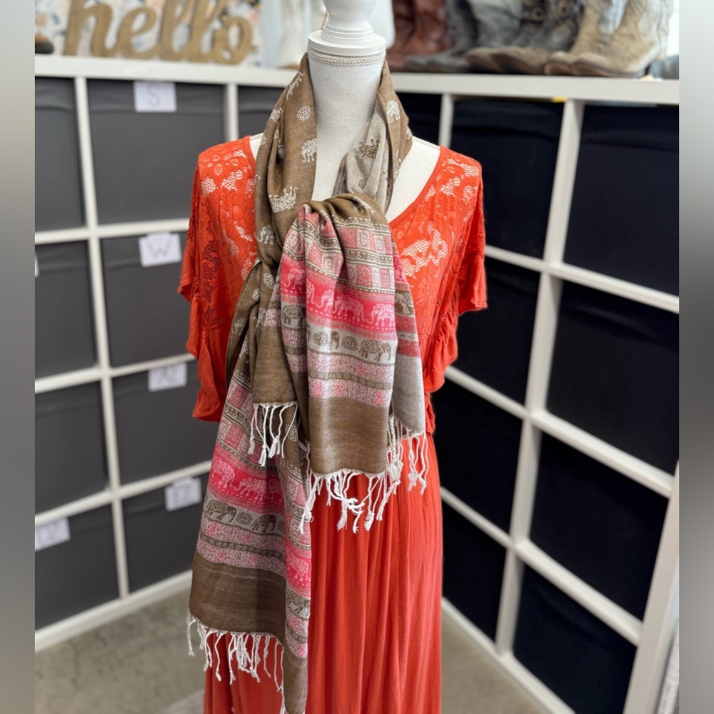 Sam Well Pashmina Long Cashmere Brown and Coral Red Elephant Patterned Scarf